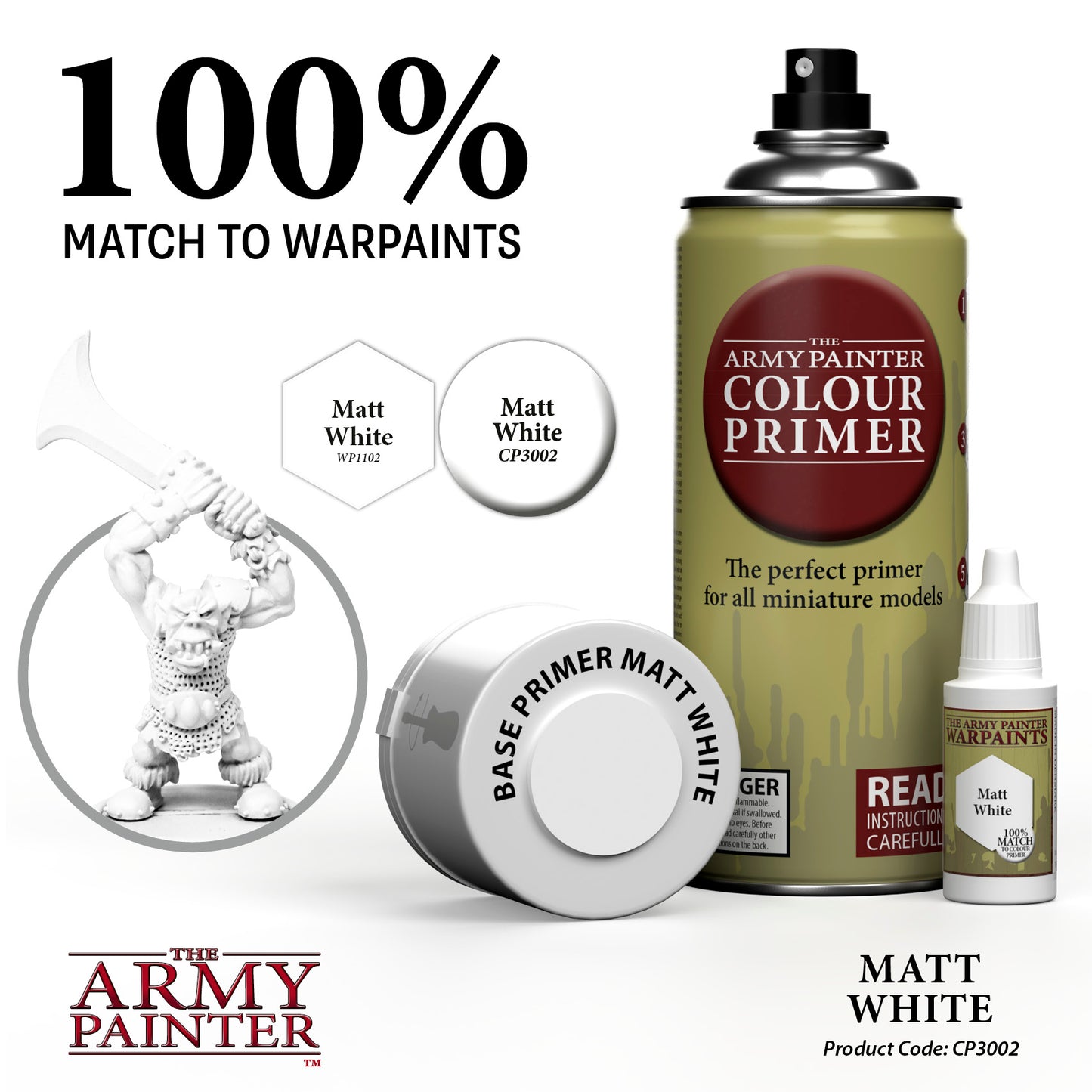 The Army Painter Colour Primer set with spray can, bottle, and white miniature figure on a white background.