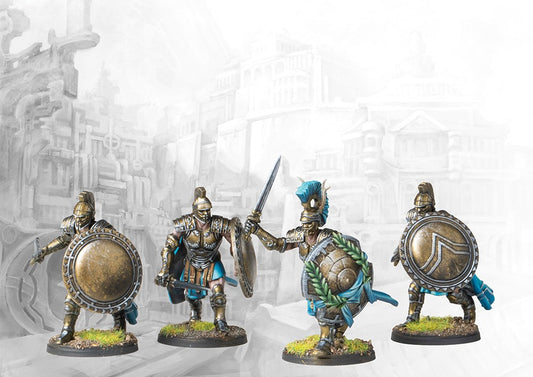 Four individual City States Agema miniatures on round bases, showcasing different dynamic poses with swords and large round shields, including a command model option.