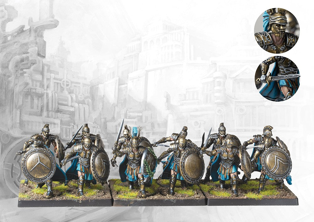 A fully painted unit of twelve City States Agema miniatures on square bases, featuring elite warriors in bronze armor with large round shields and swords.