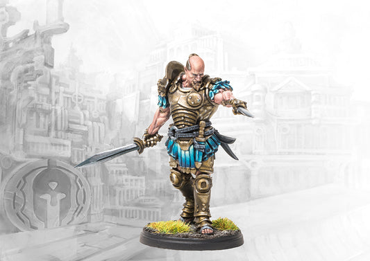 A fully painted City States Andromachos officer miniature for Conquest, shown in a dynamic pose with ornate bronze and teal armor, a large sword, and a dagger.