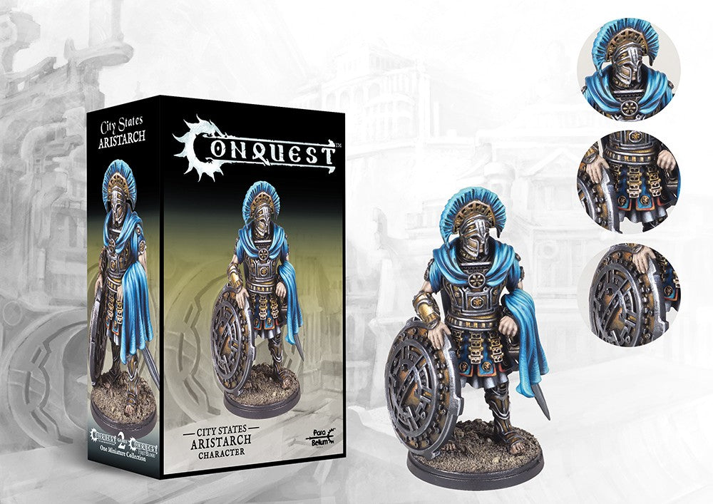 The product box and painted miniature for the City States Aristarch character, a heavily armored leader with a sword and gear-like shield, with detail callouts.