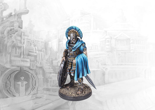 A fully painted City States Aristarch character miniature for Conquest, featuring a heavily armored warrior with a crested helmet, sword, and large gear-like shield.
