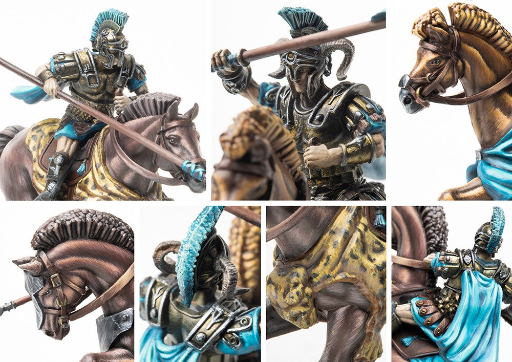 A collage of close-up images highlighting the intricate details of the City States Companion Cavalry models, including their unique helmets, armor, and horses.