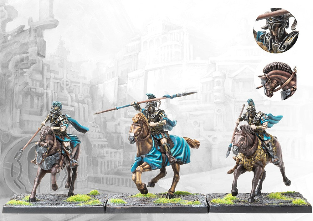 Three fully painted City States Companion Cavalry miniatures on square bases, depicted as charging warriors with lances, crested helmets, and flowing capes.