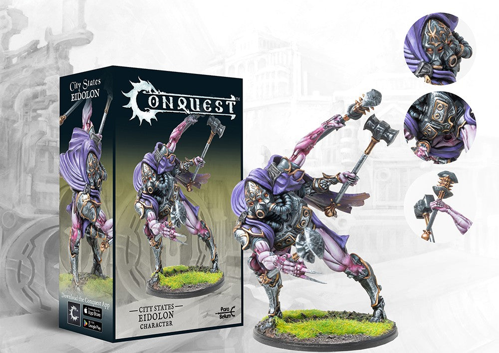 The product box and painted miniature for the City States Eidolon character, a large four-armed biomechanical construct, with detail callouts.
