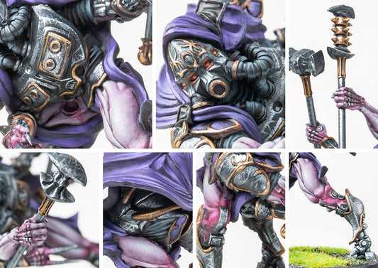 A collage of close-up images highlighting the intricate details of the City States Eidolon model, including its biomechanical mask, torso, unique weapons, and limbs.