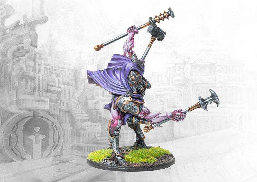 A fully painted City States Eidolon miniature for Conquest, a four-armed biomechanical creature with a purple cloak shown in a dynamic combat pose.