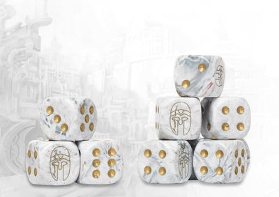 Stacks of light grey marbled dice for the City States faction in Conquest, featuring gold pips and a custom Spartan-style helmet logo on the six-face.