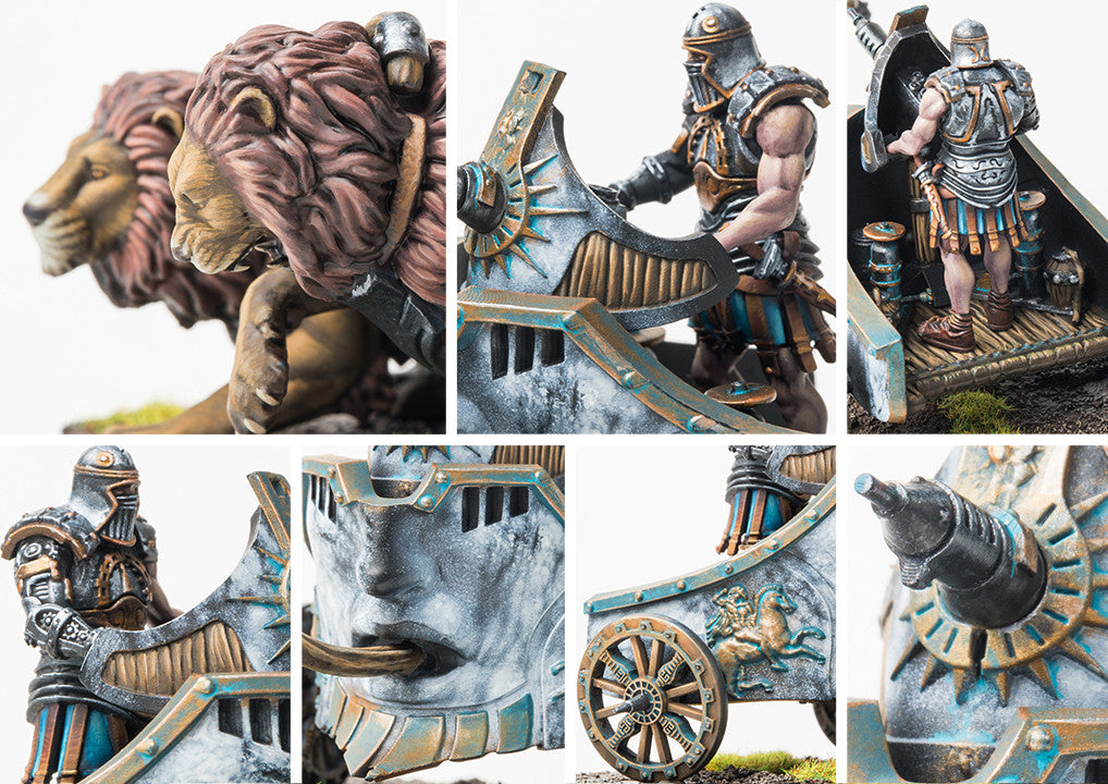 A collage of close-up images highlighting the fine details of the City States Flogobolon model, including the armored lions, the crewman, and the flame weapon.