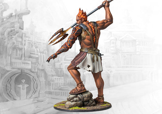 A rear view of the painted City States Hephaestian miniature, showcasing the muscular back and the glowing magma details on its arm.