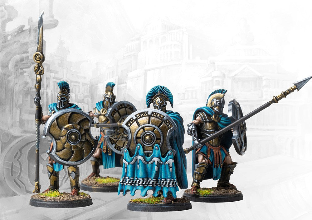 Four individual City States Hoplite miniatures on round bases, showcasing the command options and dynamic poses for the unit, armed with spears and shields.