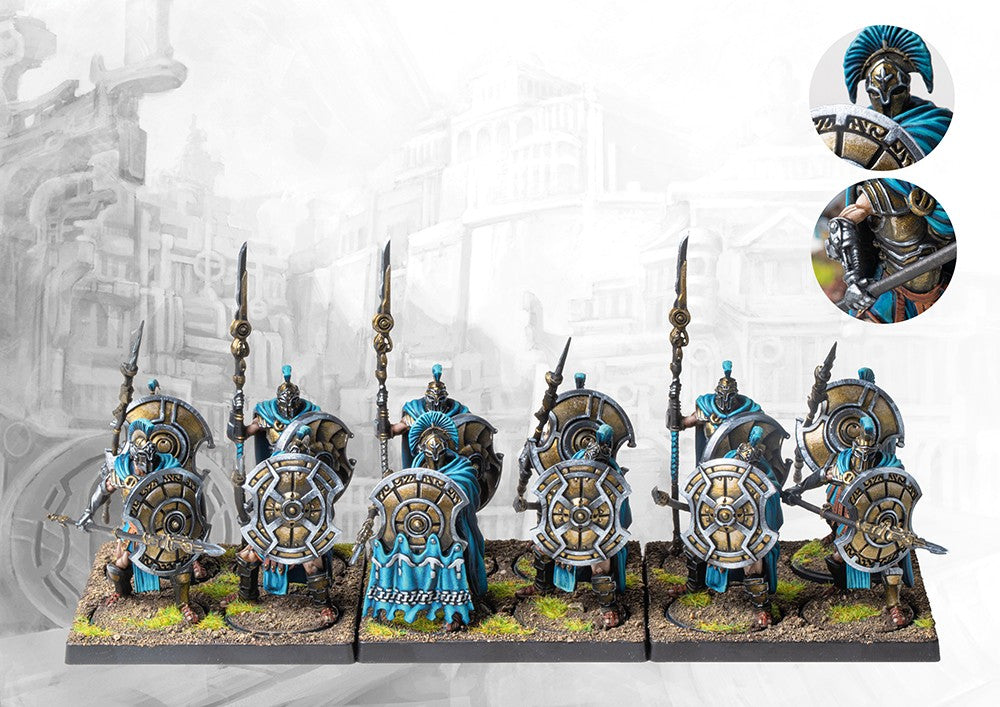 A fully painted unit of twelve City States Hoplite miniatures on square bases, depicted as a phalanx of warriors with crested helmets, spears, and large round shields.A fully painted unit of twelve City States Hoplite miniatures on square bases, depicted as a phalanx of warriors with crested helmets, spears, and large round shields.