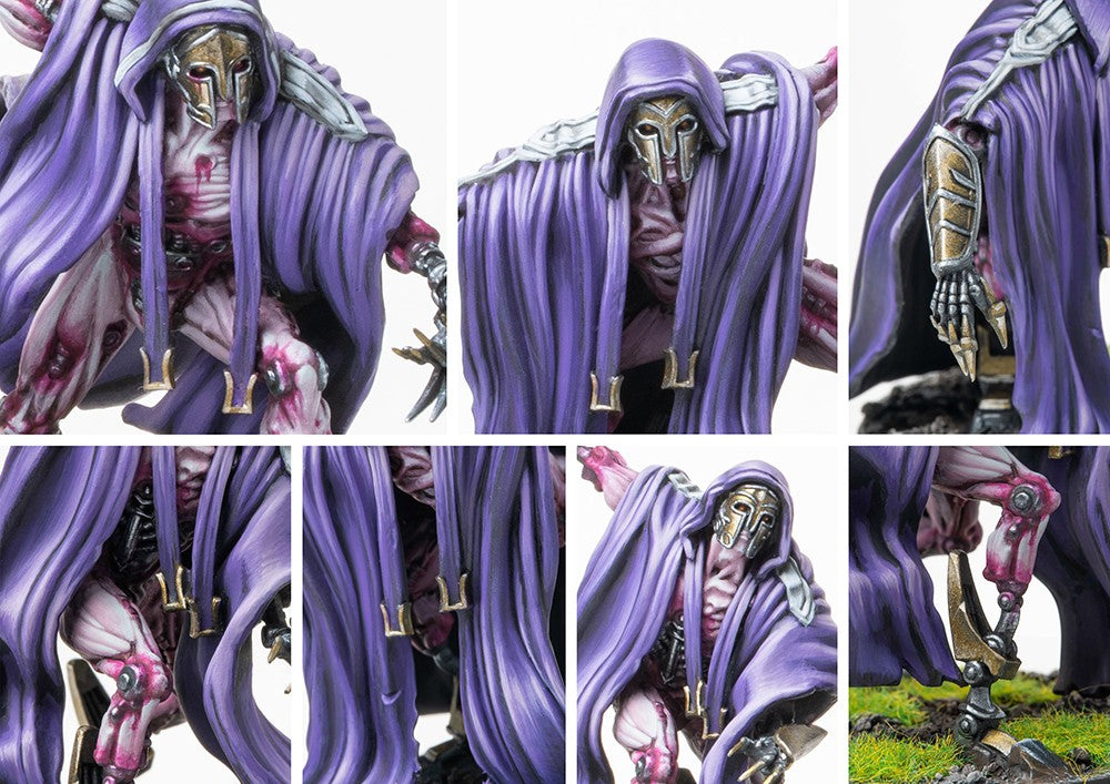 A collage of close-up images of the City States Inquisitor models, highlighting the details of their metallic masks, purple robes, and biomechanical limbs.
