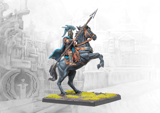 A fully painted City States Ipparchos miniature for Conquest, featuring a warrior with a crested helmet and spear riding a rearing black horse.