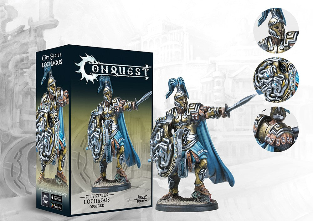The product box and painted miniature for the City States Lochagos officer, a warrior with a sword and intricate gear-like shield, with detail callouts.
