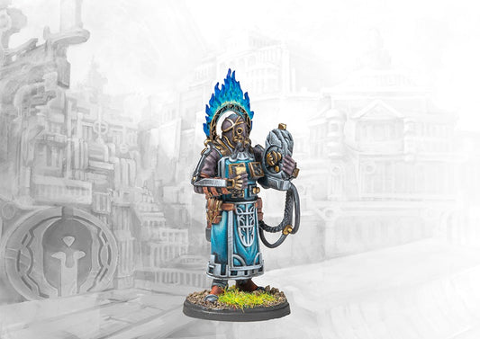 A fully painted City States Mechanist character miniature for Conquest, featuring a masked figure with a halo of blue flame, wearing an apron and holding a complex mechanical device.