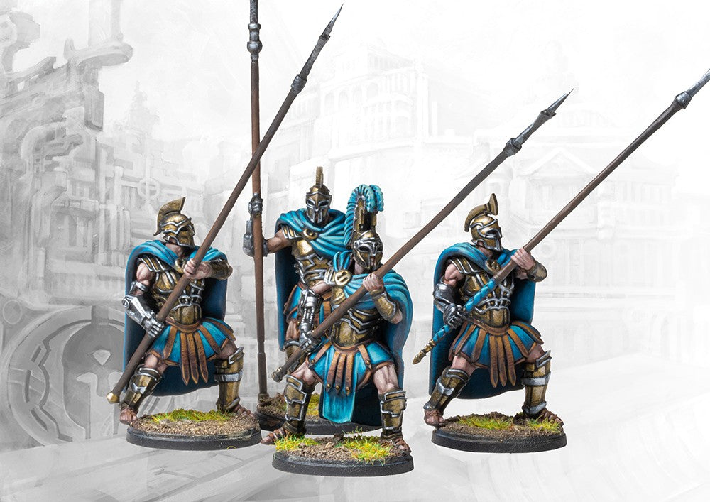 Four individual City States Phalangite miniatures on round bases, showcasing the command options and dynamic poses for the unit, armed with long pikes.