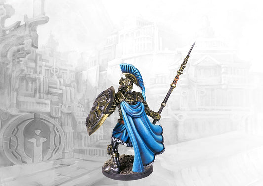A rear view of the painted City States Polemarch miniature, showcasing the flowing blue cape and the back of the intricate armor and shield.