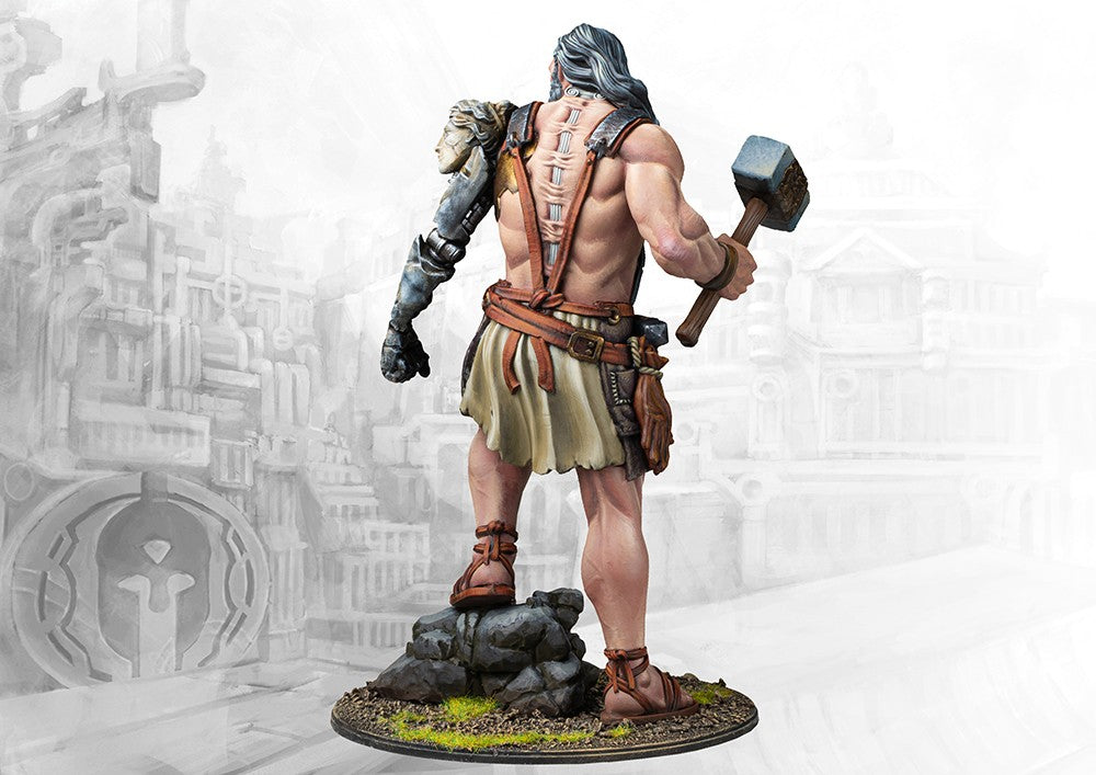 A rear view of the painted City States Promethean miniature, showcasing the muscular back and the intricate detail of the mechanical arm.