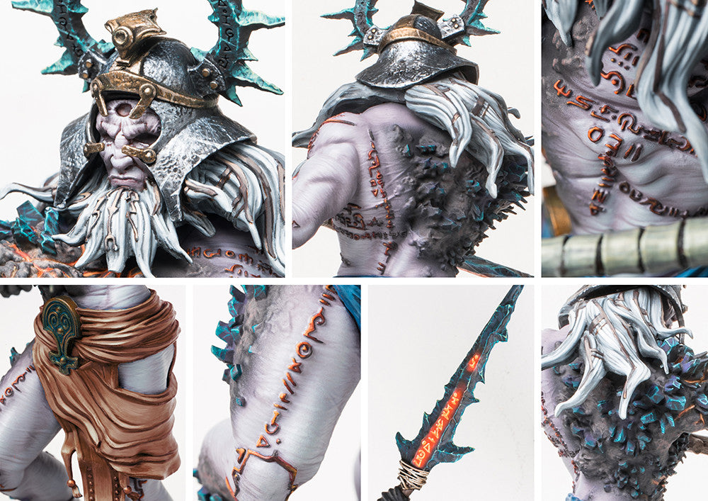A collage of close-up images highlighting the intricate details of the City States Promethean Oracle model, including its helmet, sculpted runes, and crystalline growths.