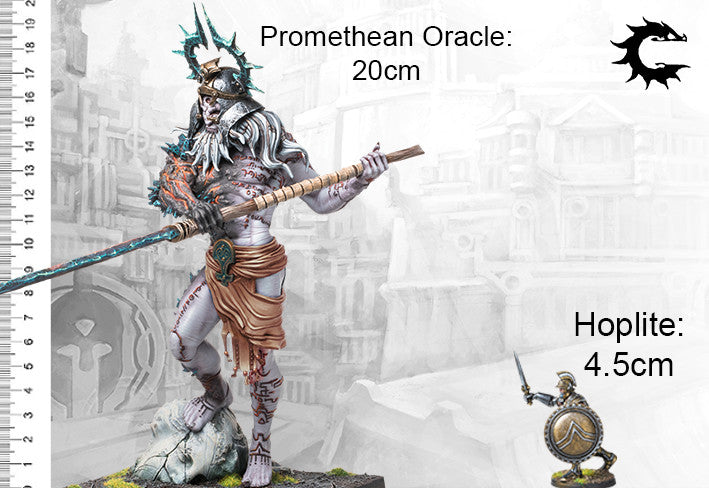 A scale comparison photo of the massive Promethean Oracle miniature, showing its height of 20cm next to a 4.5cm City States Hoplite model.