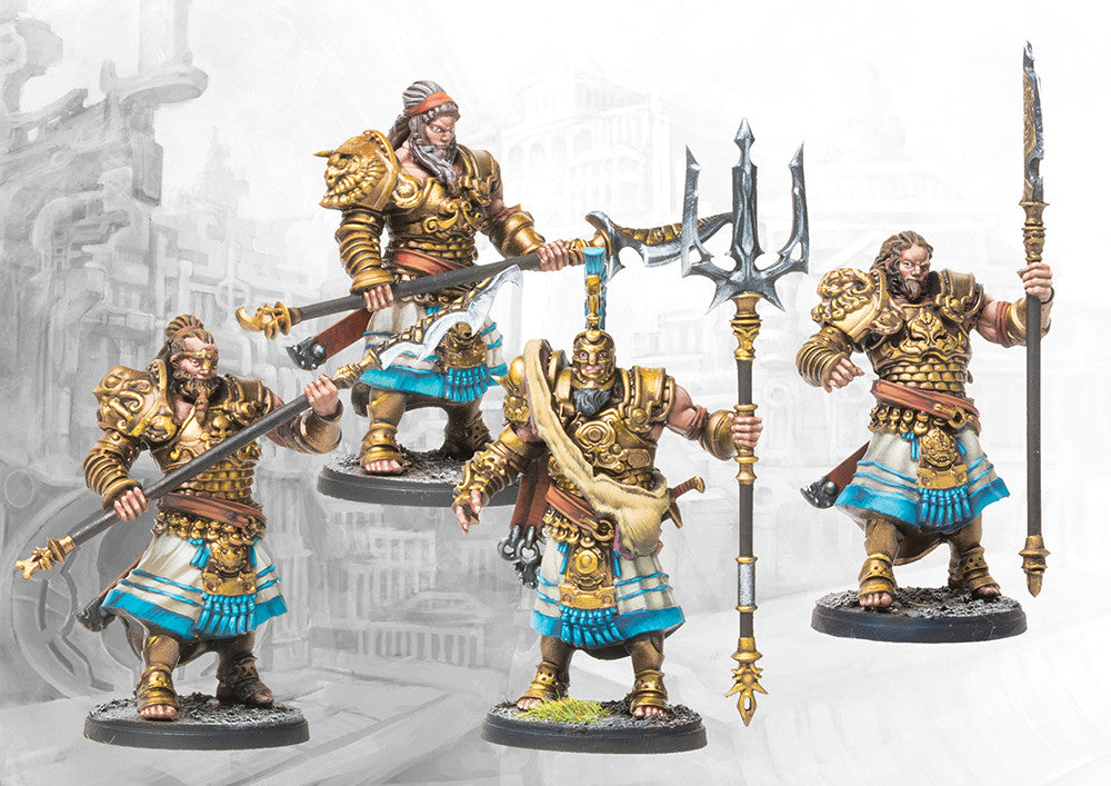 Four individual City States Sacred Band miniatures on round bases, showcasing different build options and dynamic poses with heavy gold armor and large polearms.
