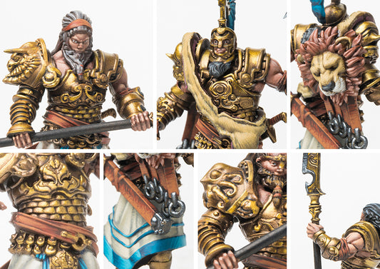 A collage of close-up images highlighting the intricate details of the City States Sacred Band models, including their faces, ornate gold armor, lion pauldrons, and weapons.