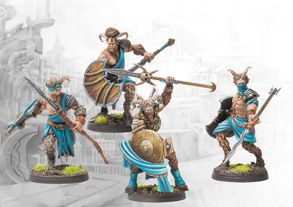 Four individual City States Satyroi miniatures on round bases, showcasing the different dynamic poses and weapon options available in the dual kit.