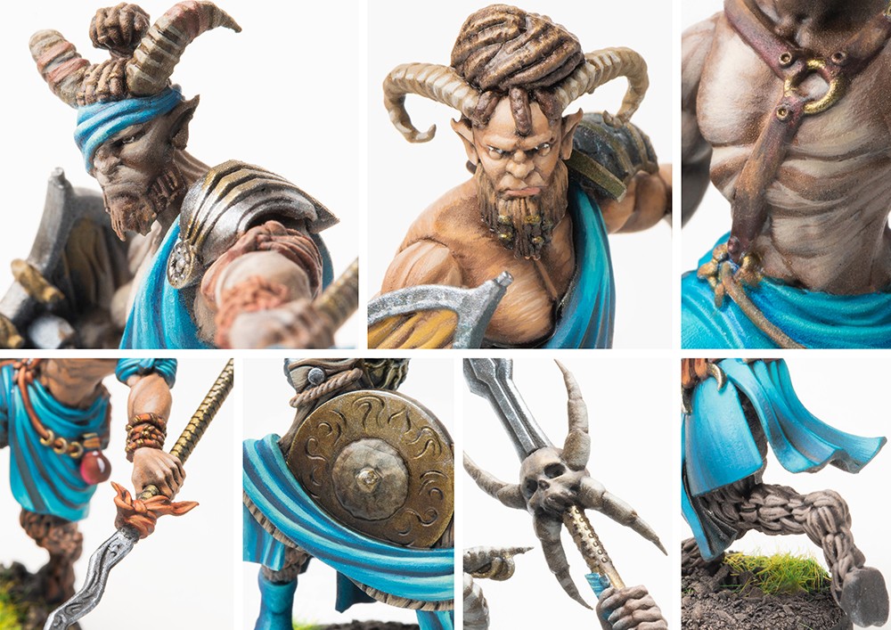 A collage of close-up images of the City States Satyroi models, highlighting the details of their faces, horns, unique weapons, and shields.