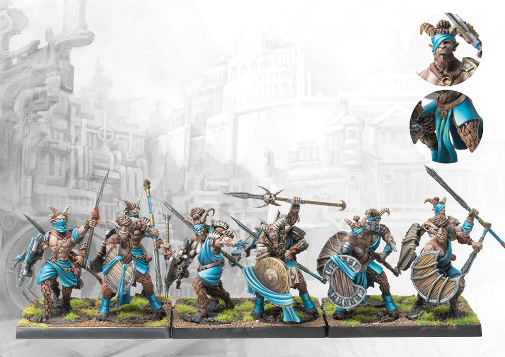 A fully painted unit of twelve City States Satyroi miniatures on square bases, featuring satyr warriors with a variety of weapons like spears and swords.