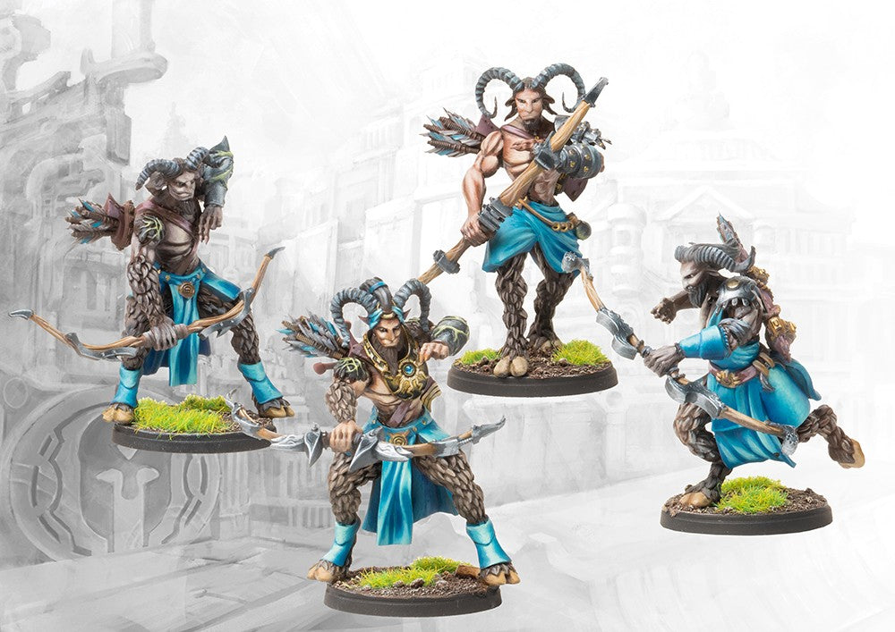 Four individual City States Selinoi miniatures on round bases, showcasing the different dynamic archery poses and horn styles available in the dual kit.