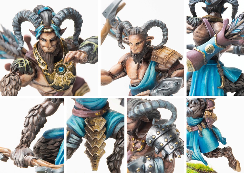 A collage of close-up images of the City States Selinoi models, highlighting the details of their faces, ornate horns, armor, and feathered arrows.