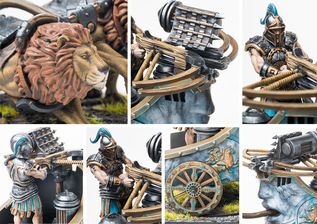 A collage of close-up images highlighting the fine details of the City States Skorpios model, including the armored lions, the crewman, and the repeating crossbow weapon.