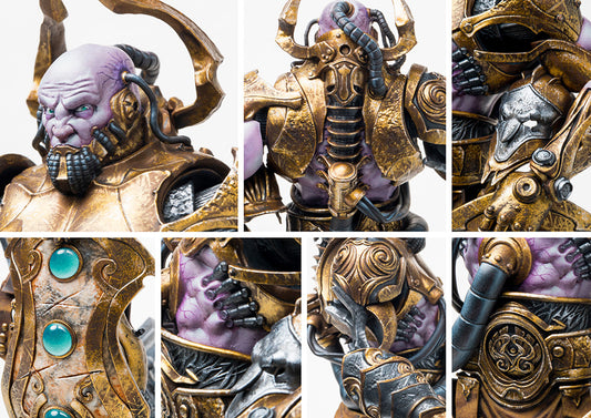 A collage of close-up images highlighting the intricate details of the City States Talos model, including its biomechanical face, ornate gold armor, and gemmed shield.