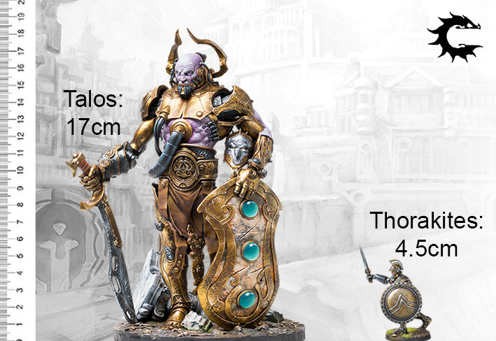 A scale comparison photo of the massive Talos Artisan Series miniature, showing its height of 17cm next to a 4.5cm City States Thorakites model.