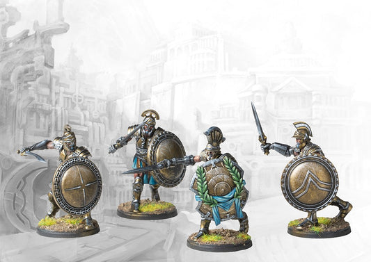 Four individual City States Thorakites miniatures on round bases, showcasing different dynamic poses with swords and large round shields, including a command model option.