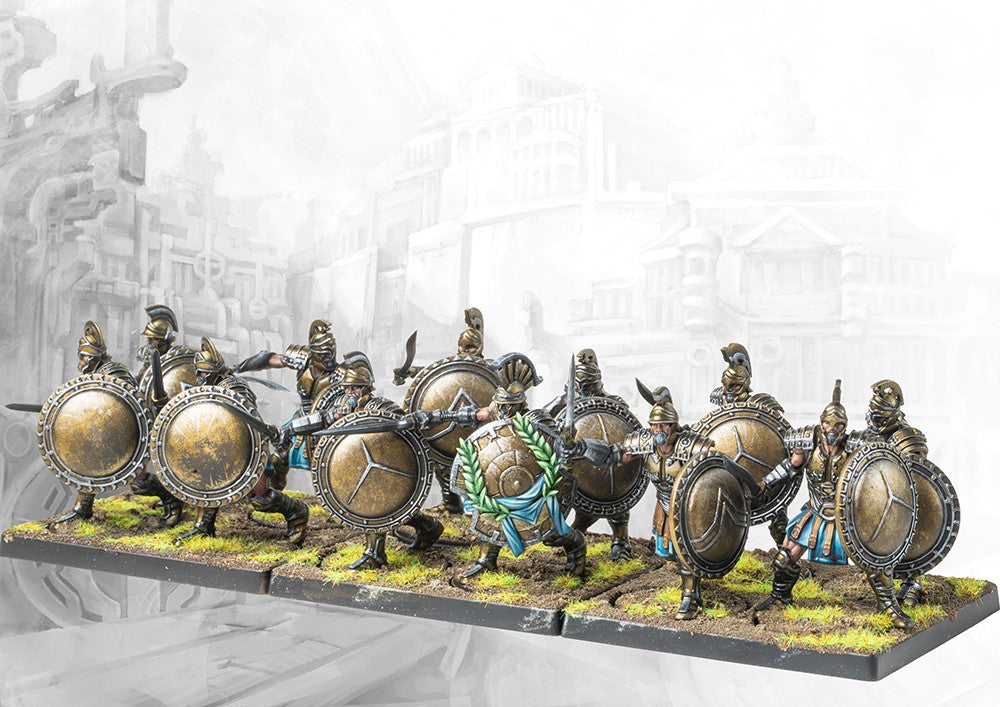 A painted unit of twelve City States Thorakites in a shield wall formation, armed with swords and large round shields, including a command model with a laurel wreath.