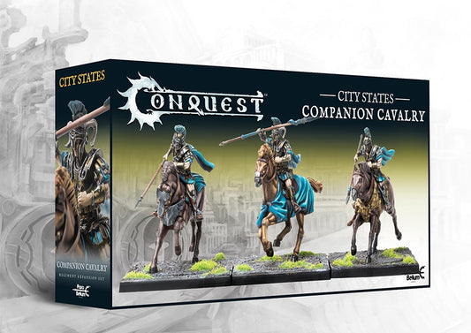 The product box for the City States Companion Cavalry regiment expansion set, showing three painted cavalry miniatures for the Conquest wargame.