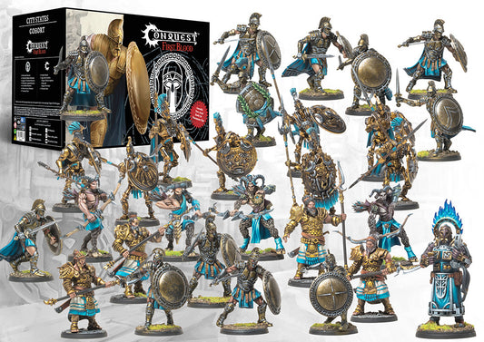 All the miniatures included in the City States First Blood Cohort starter set, assembled and painted, displayed next to the product box.