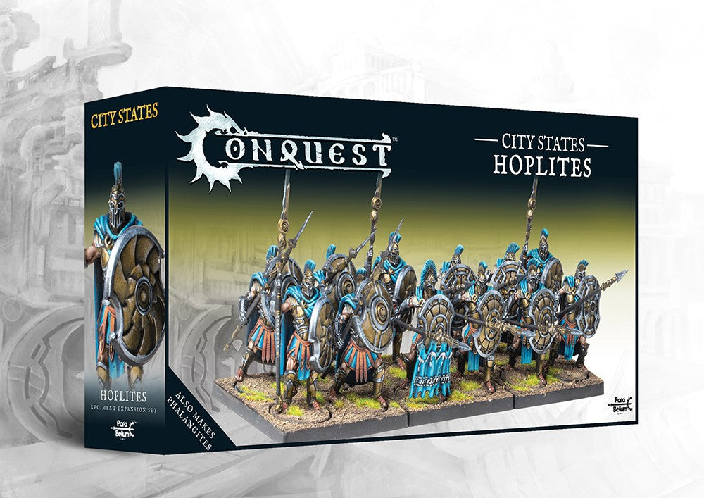 The product box for the City States Hoplites, a dual kit that also builds Phalangites, showing a unit of painted hoplite miniatures for the Conquest wargame.