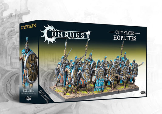 The product box for the City States Hoplites, a dual kit that also builds Phalangites, showing a unit of painted hoplite miniatures for the Conquest wargame.