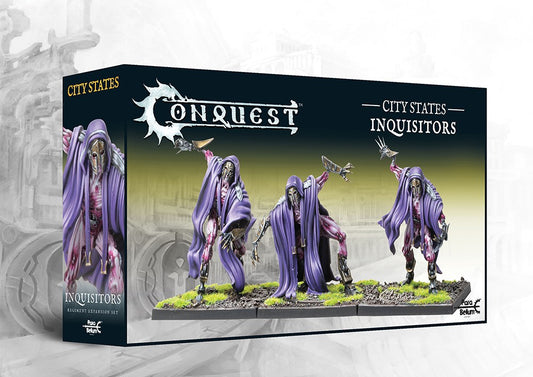 The product box for the City States Inquisitors regiment expansion set, showing three painted biomechanical figures in purple cloaks for the Conquest wargame.