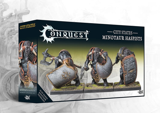 The product box for the City States Minotaur Haspists, a dual kit that also builds Minotaur Thyreans, showing three painted minotaur models with large shields.
