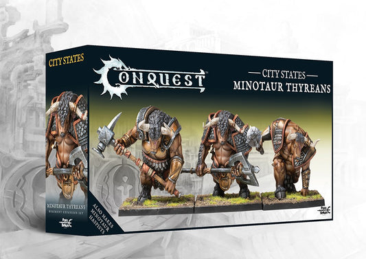 The product box for the City States Minotaur Thyreans, a dual kit that also builds Minotaur Haspists, showing three painted minotaur models with two-handed weapons.