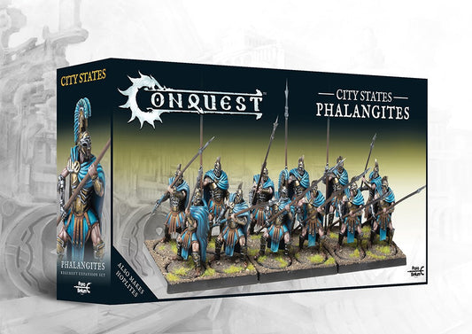The product box for the City States Phalangites, a dual kit that also builds Hoplites, showing a unit of painted pikemen miniatures for the Conquest wargame.