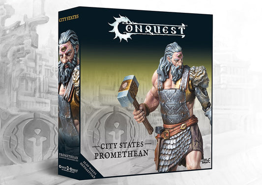 The product box for the City States Promethean, a dual kit that also builds a Hephaestian, showing the cyclops giant with a hammer on the cover.