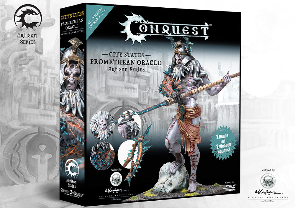The product box for the City States Promethean Oracle Artisan Series, a dual kit that also builds a Hephaestian, showing the giant monster character.