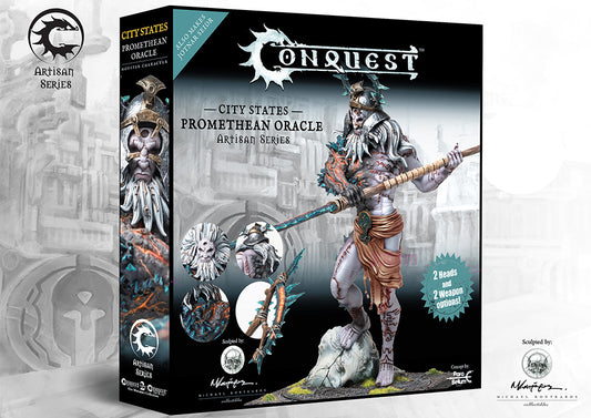 The product box for the City States Promethean Oracle Artisan Series, a dual kit that also builds a Hephaestian, showing the giant monster character.