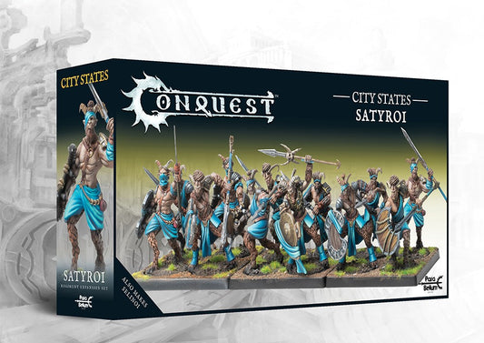 The product box for the City States Satyroi, a dual kit that also builds , showing a unit of painted satyr archer miniatures for the Conquest wargame.