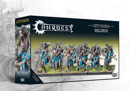 The product box for the City States Selinoi, a dual kit that also builds Satyroi, showing a unit of painted satyr archer miniatures for the Conquest wargame.